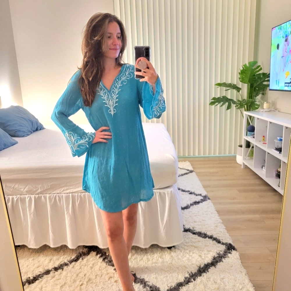 Teal Embroidered Tunic Cover Up Dress